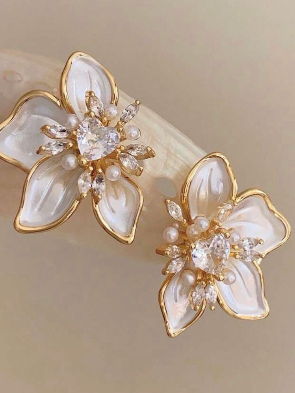Fashion Jewelry Gold & White Floral Pearl CZ Stud Earrings